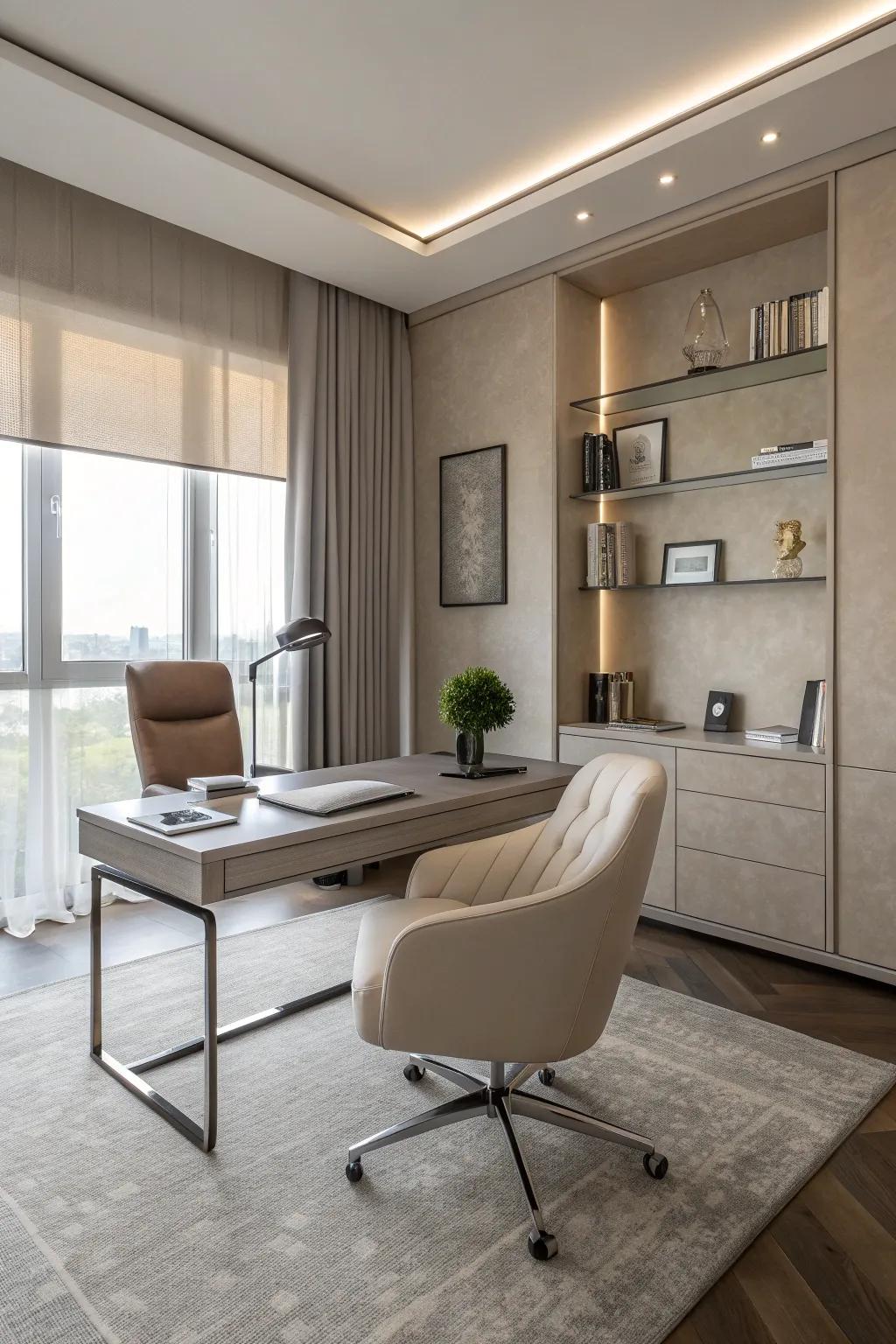 Neutral shades offer a sophisticated canvas for any office style.