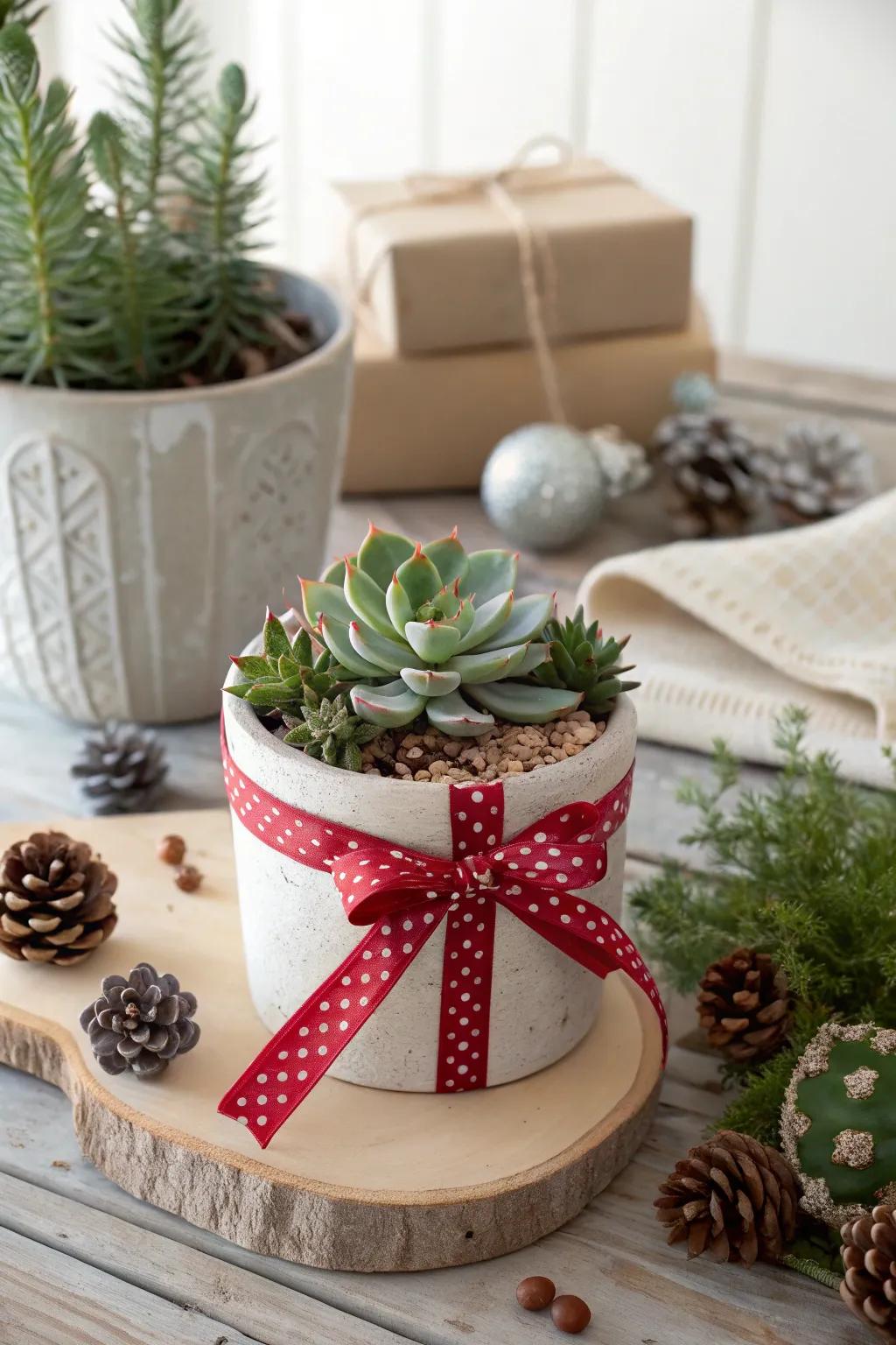 Delight your loved ones with the gift of a succulent, beautifully wrapped for the holiday season.