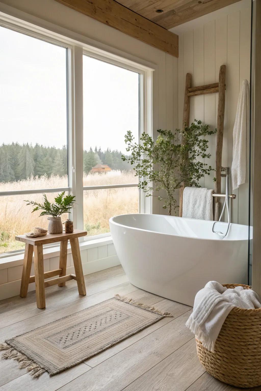 Bask in natural light with a corner freestanding tub placed by the window, turning your bath time into a rejuvenating experience.