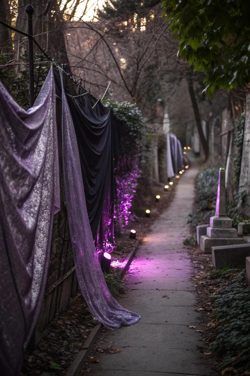 Guide guests with a spooky pathway adorned with cloth and mystical lighting. 🌙 #OutdoorDecor #SpookyPath