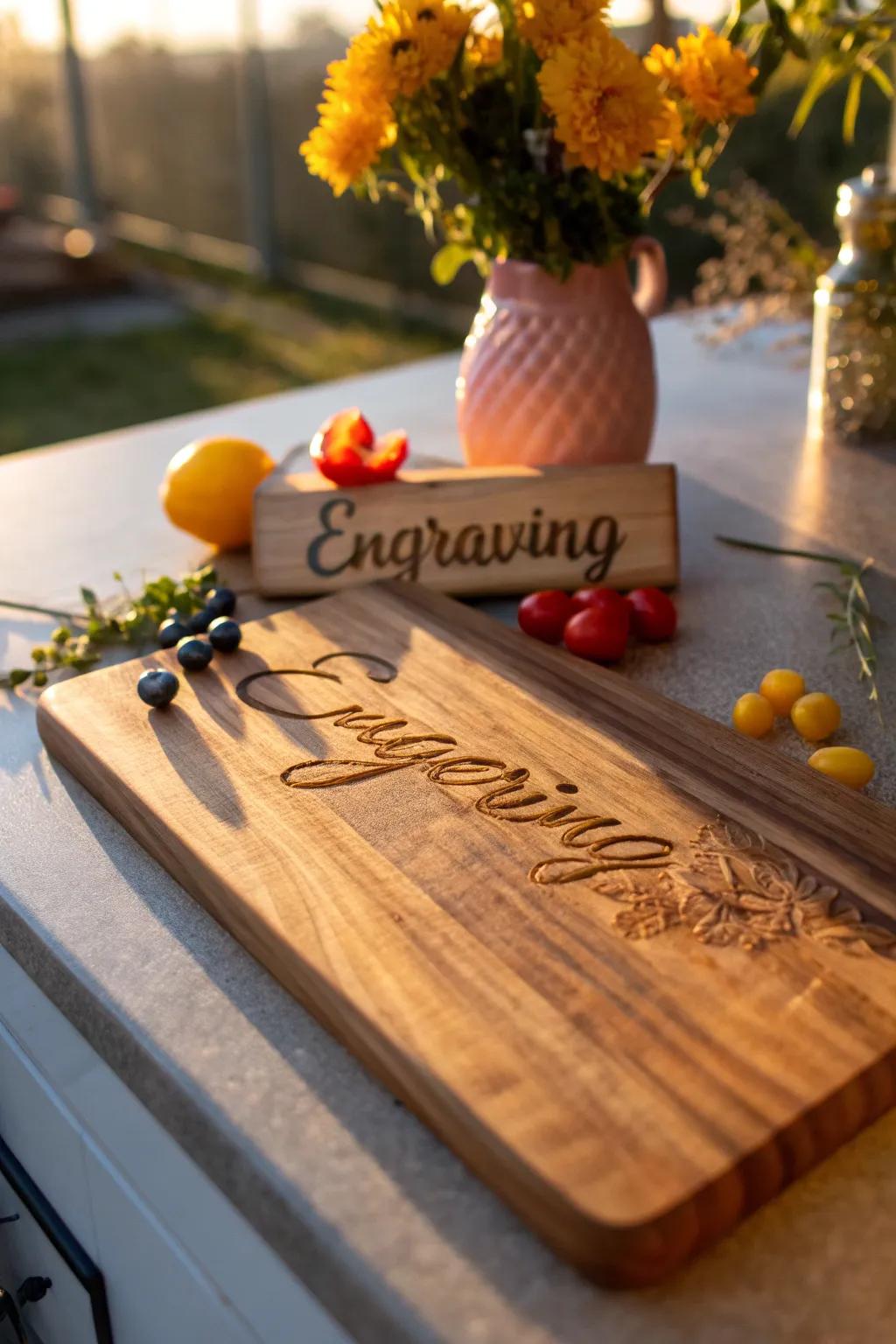 Elevate their kitchen aesthetic with an artistic font engraving on their cutting board.