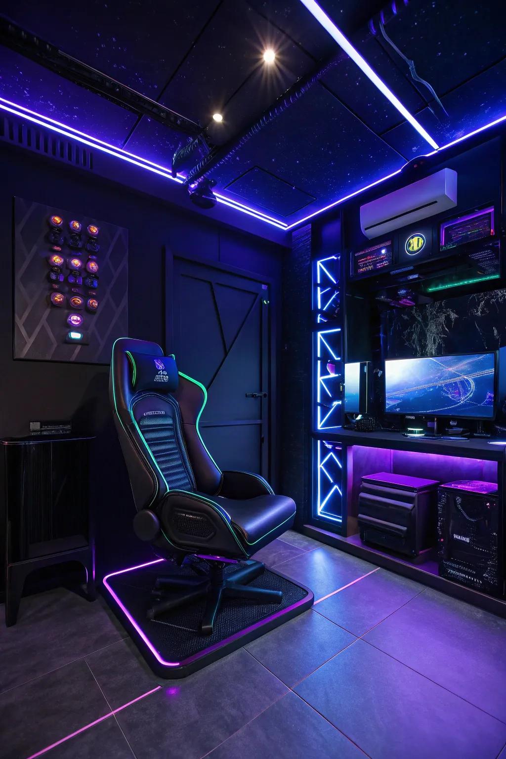 Dark tones and neon glow create a captivating and immersive environment. 🌌 #MoodyDecor #CyberpunkStyle