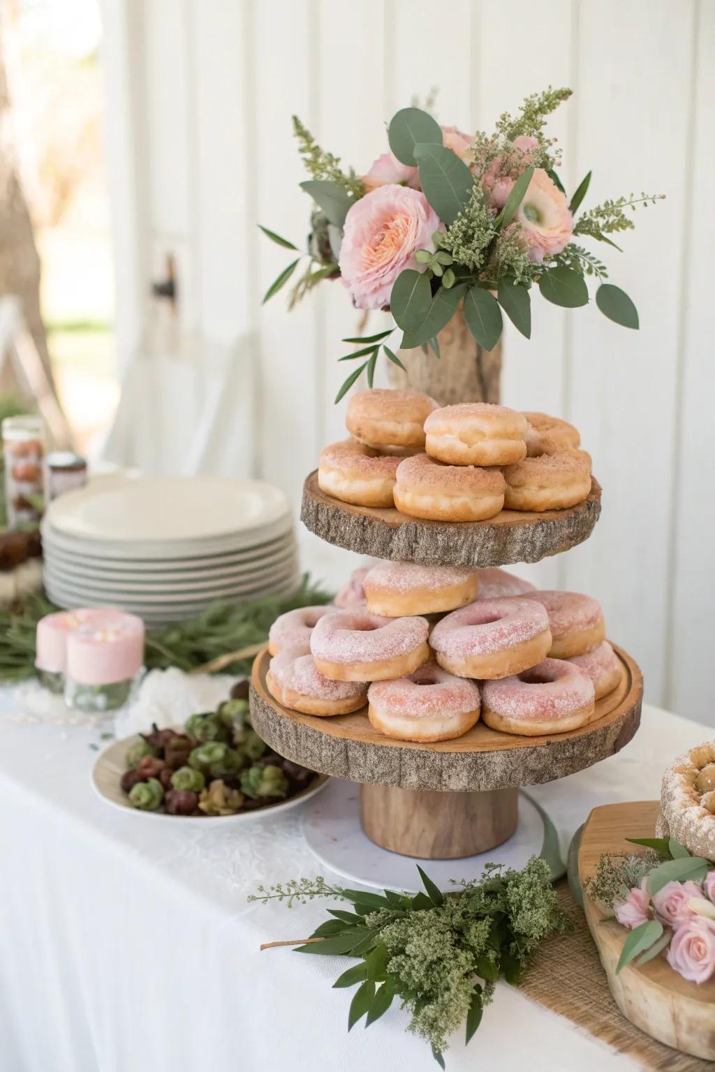 Romantic blooms meet sweet treats in this floral-infused donut display. #FloralDecor #WeddingInspiration