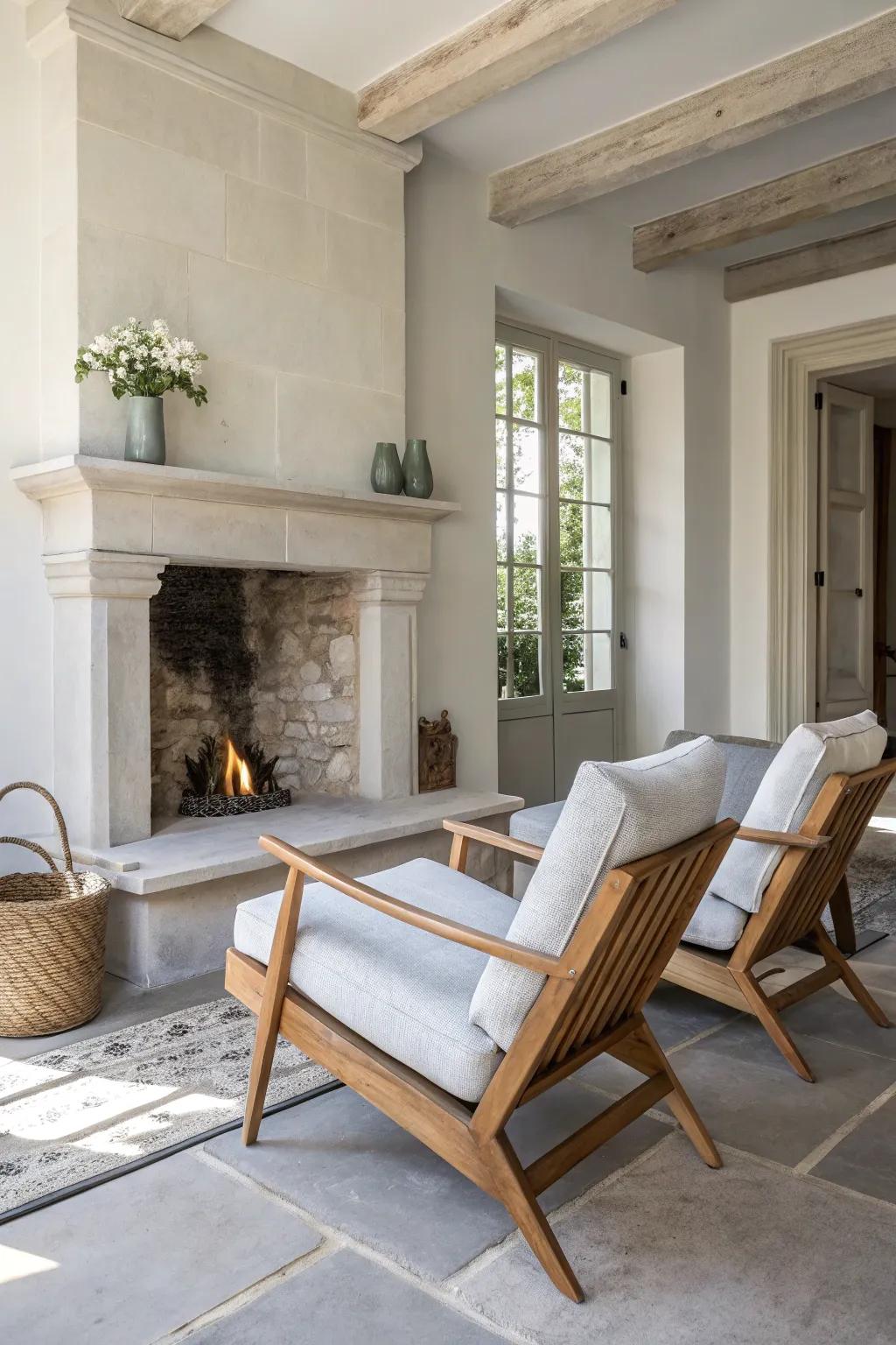 Mixing modern and classic elements creates a stylish, timeless hearth area. 🪑 #ModernClassic #FireplaceStyle