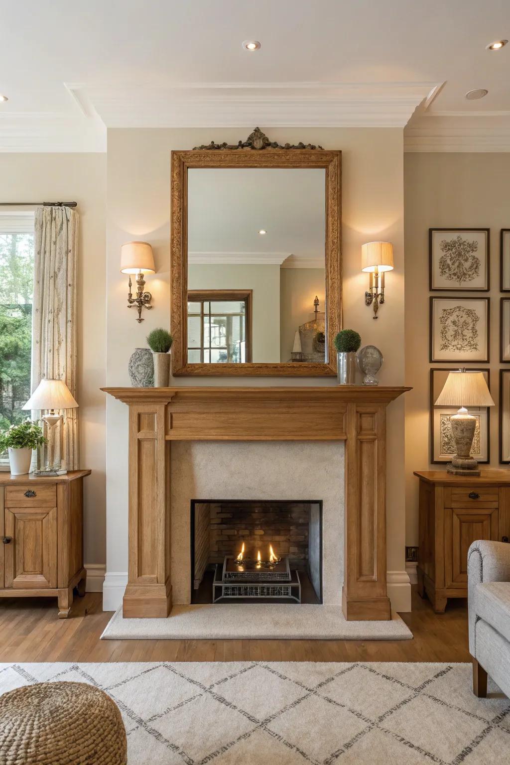 Achieve perfect symmetry with matching sconces that highlight your mirror and fireplace ensemble. 🕯️ #Symmetry #HomeDesign