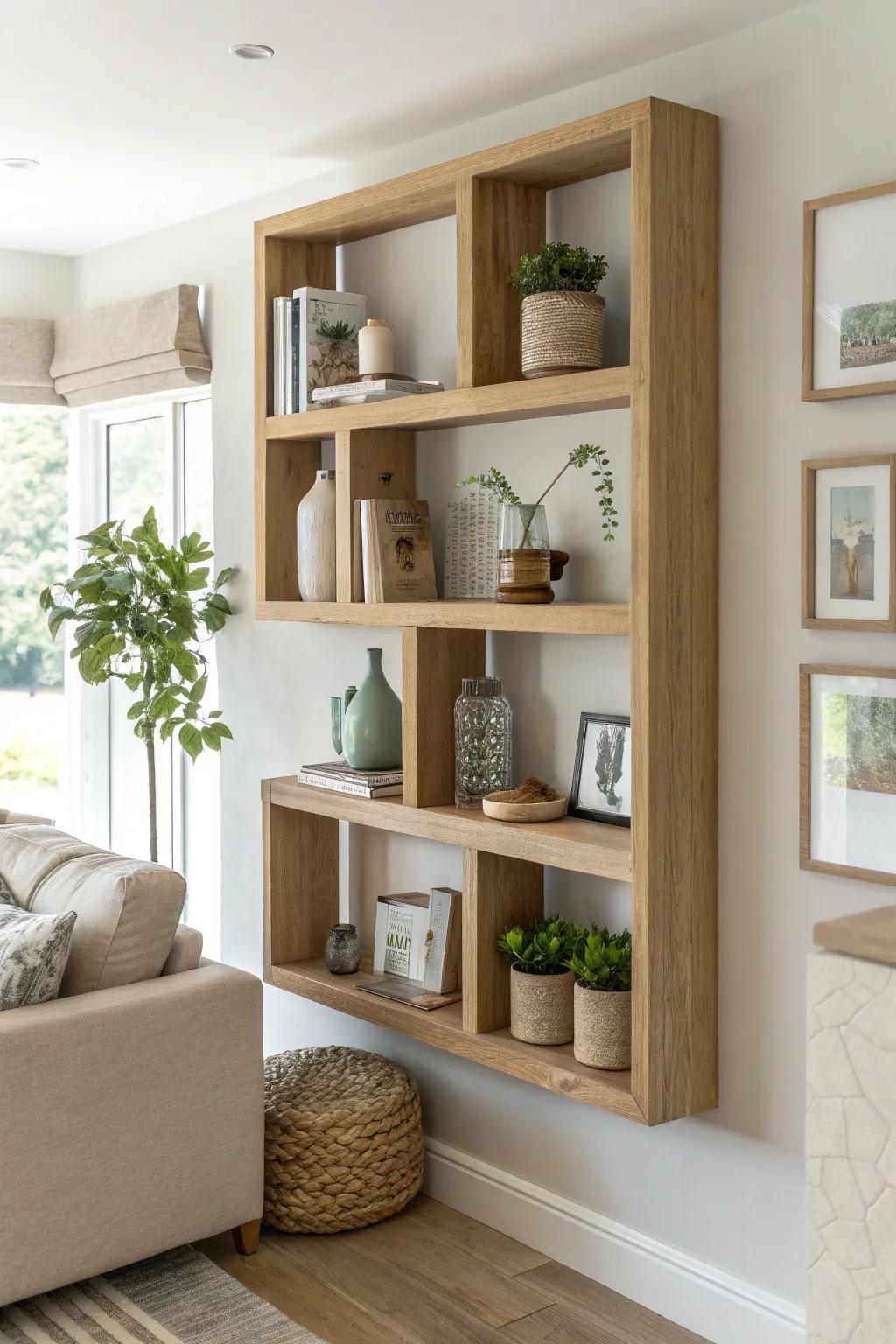 Experience the beauty of balance with symmetrical floating shelves that exude elegance.