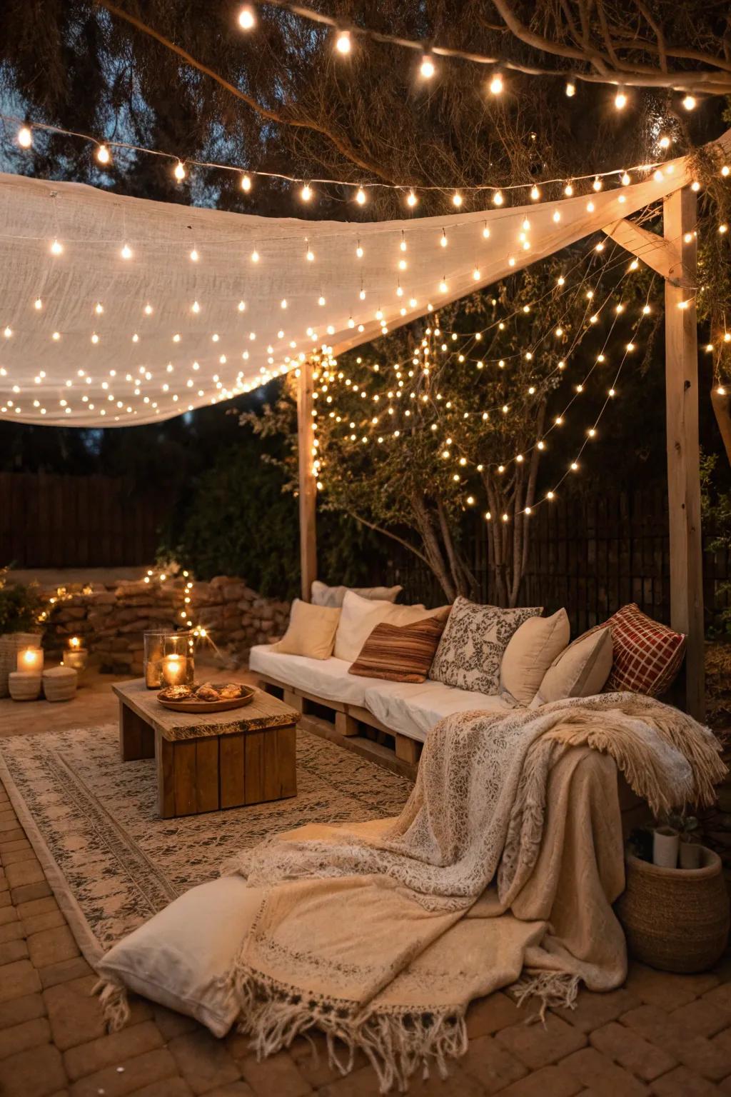 Create a magical outdoor setting with twinkling lights and cozy blankets for your Friendsgiving soirée. ✨ #OutdoorDecor #Friendsgiving