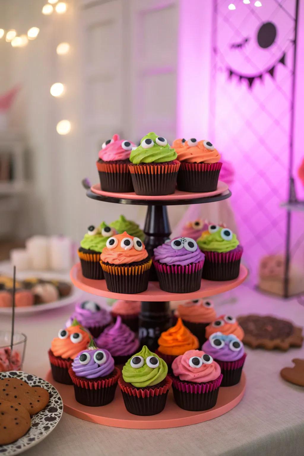 These monster cupcakes are the perfect sweet surprise for your Halloween baby shower! 🍬 #MonsterTreats #CupcakeLove