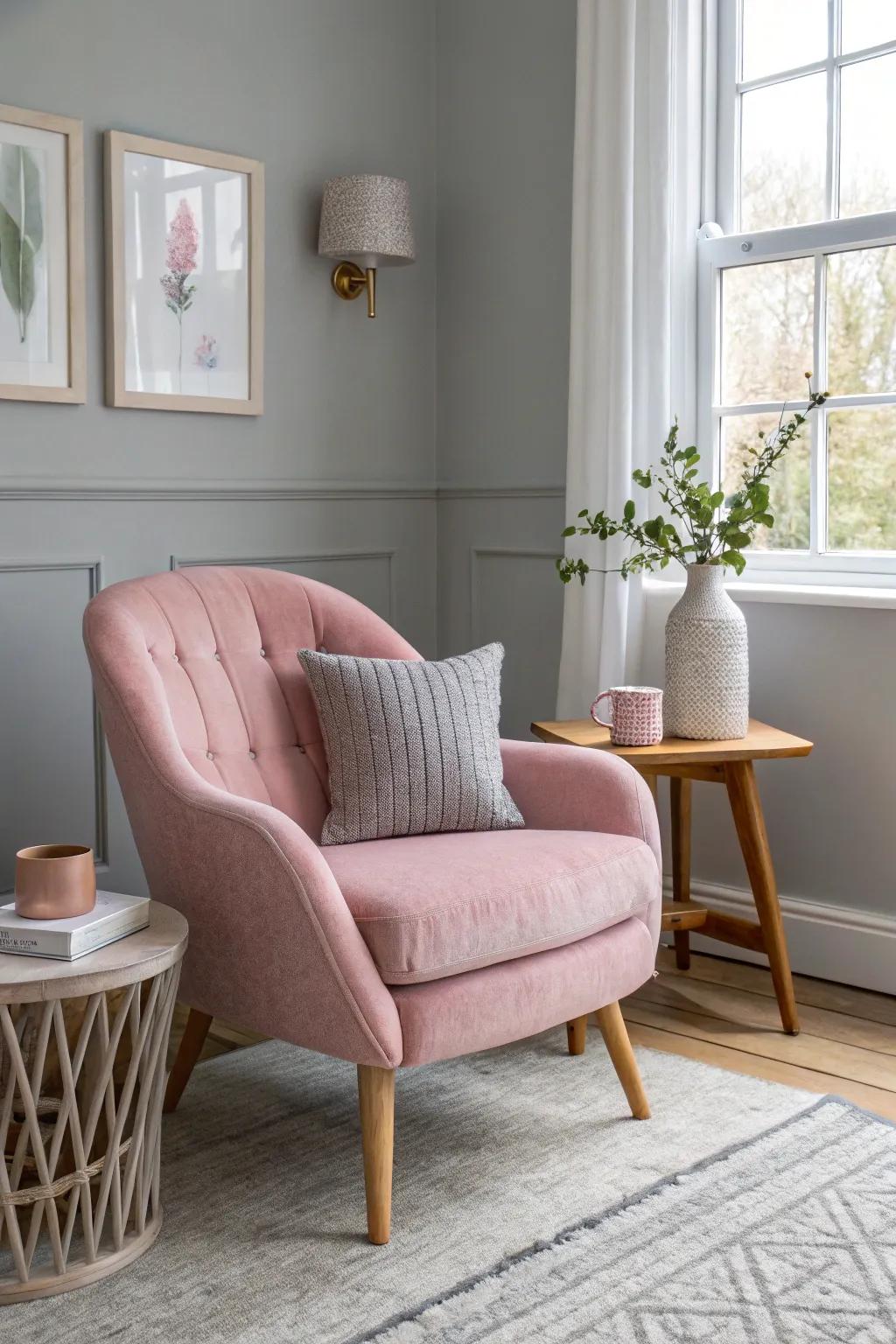 Infuse romance into your living room with the gentle pairing of blush pink and gray.