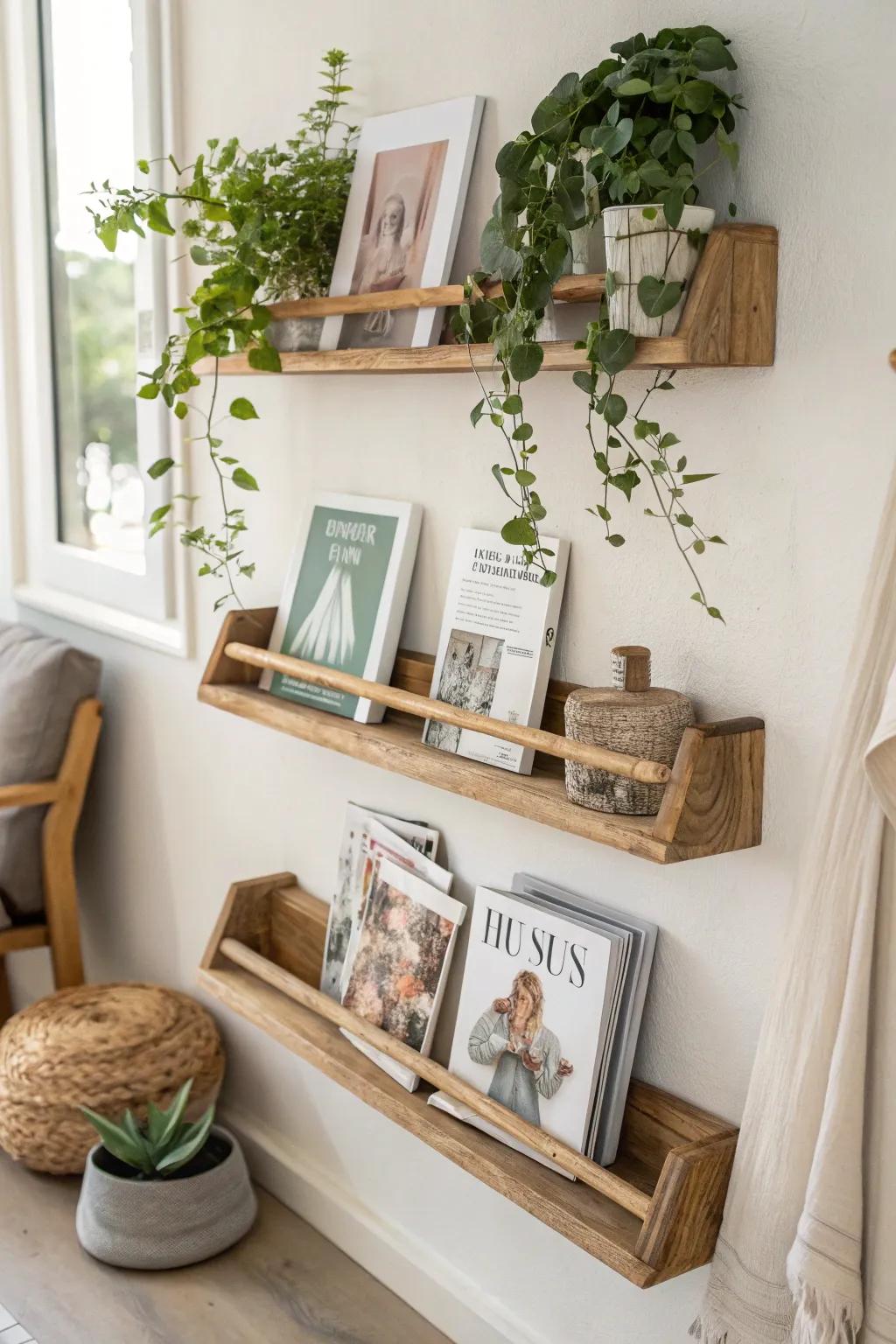 Create an artistic display with floating shelves that showcase your favorite reads and decor items.