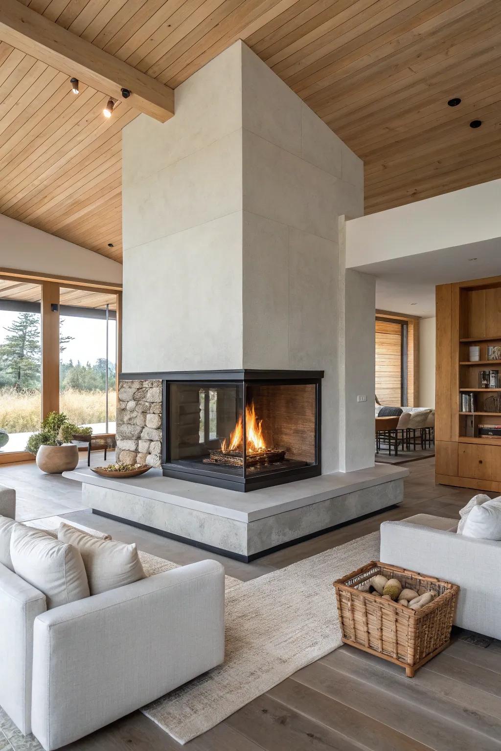 Create flow and connectivity in open spaces with a central fireplace hearth that invites warmth.