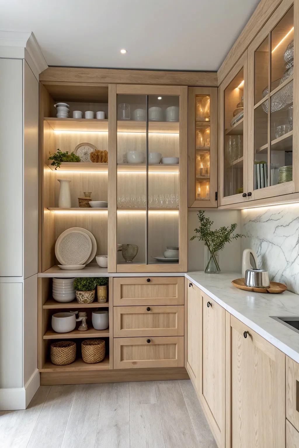 Illuminate your kitchen treasures with integrated lighting, adding a touch of elegance and focus.