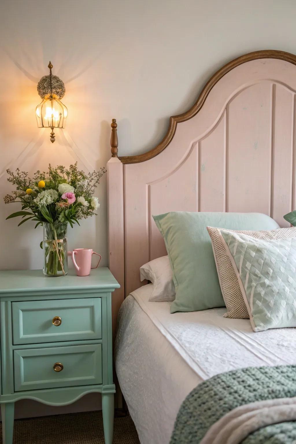 Create a dreamy atmosphere with a pastel-painted headboard for ultimate relaxation.