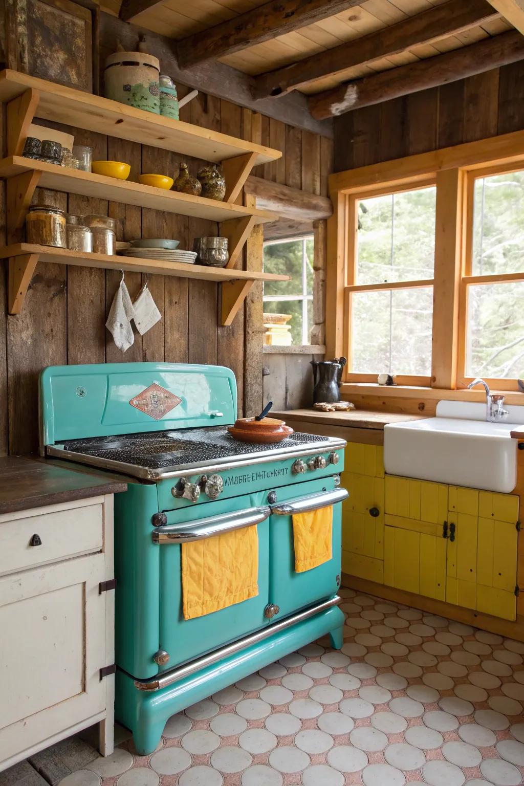 Vintage appliances add charm and character, enhancing the rustic kitchen theme.