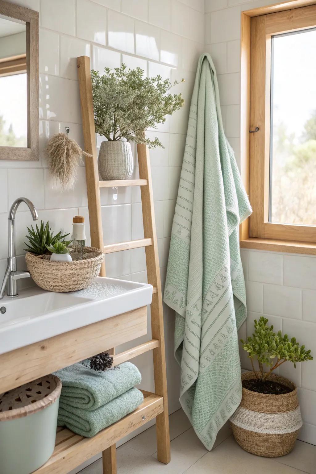 Green plants breathe life into the calming sea salt bathroom environment.