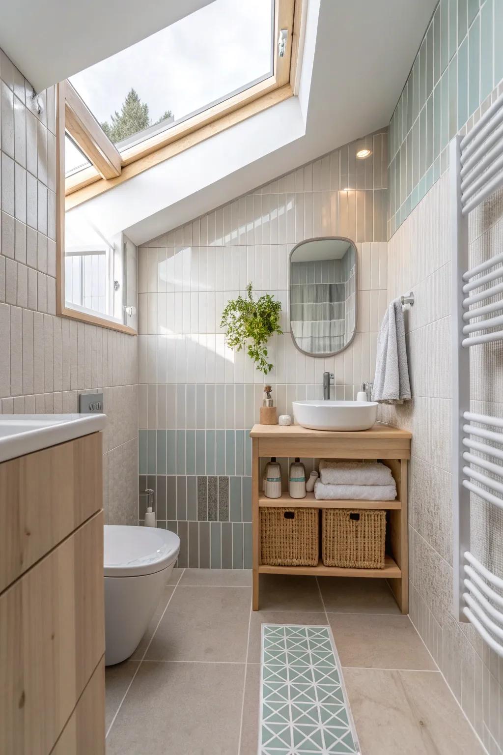 Vertical tiles add height and interest to small bathrooms, making them feel more spacious. #TileDesign #HomeDecor