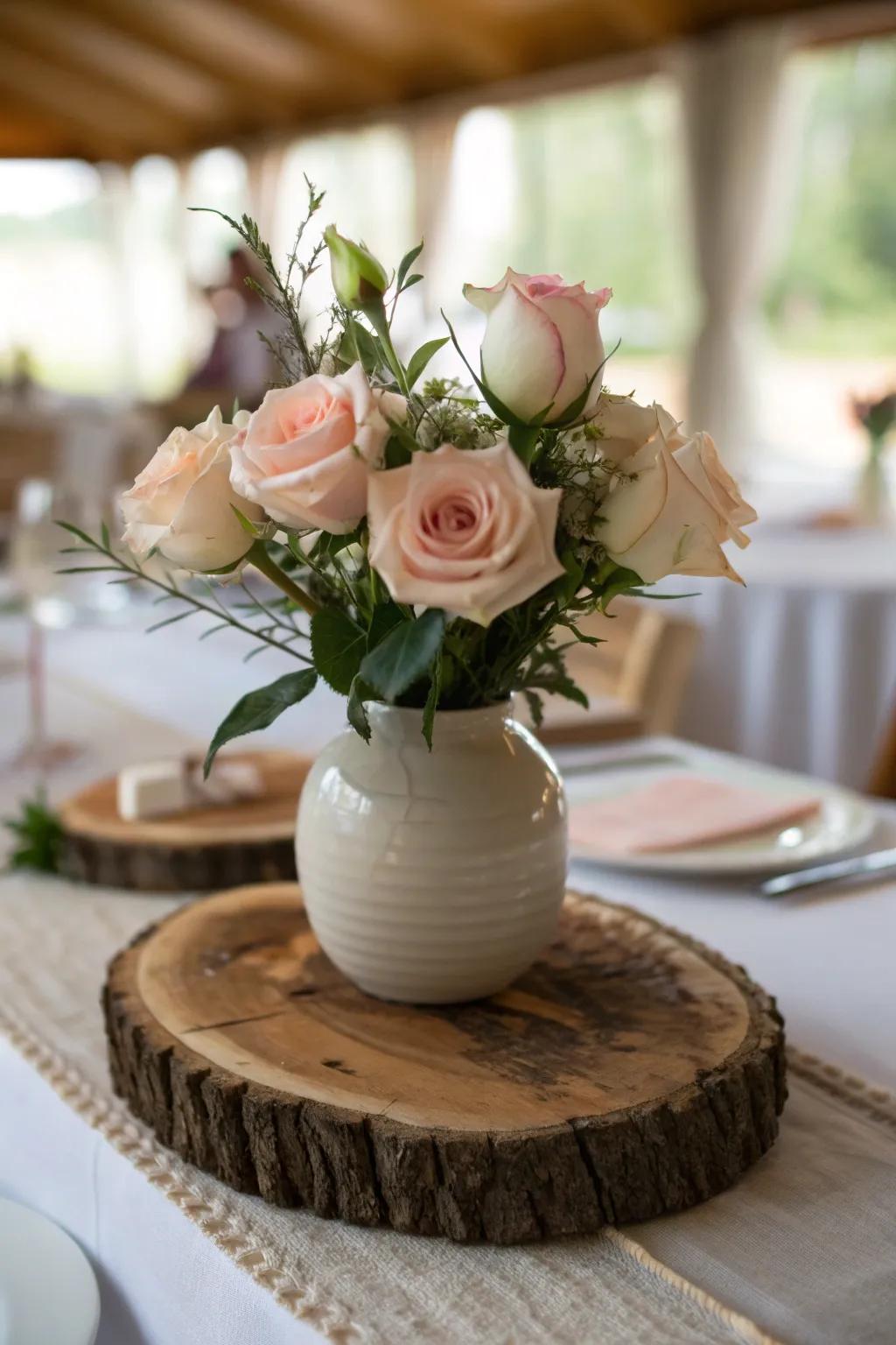 Wooden elements paired with roses create a natural and inviting aesthetic.