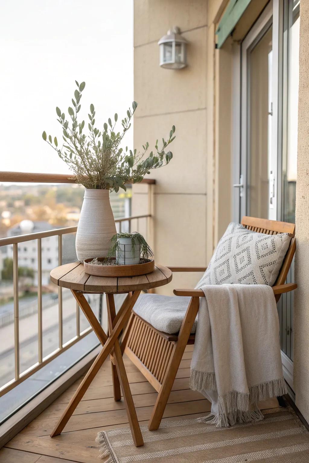 A side table can bring both utility and style to your balcony.