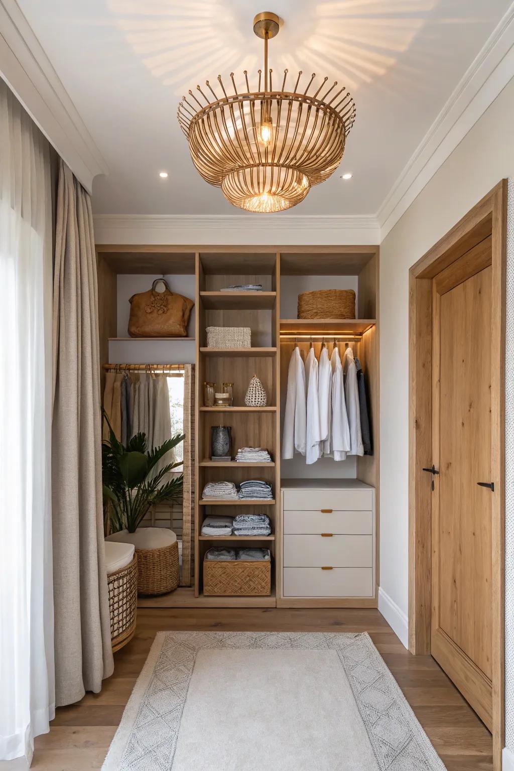 Light up your closet with a stunning chandelier for a touch of elegance.