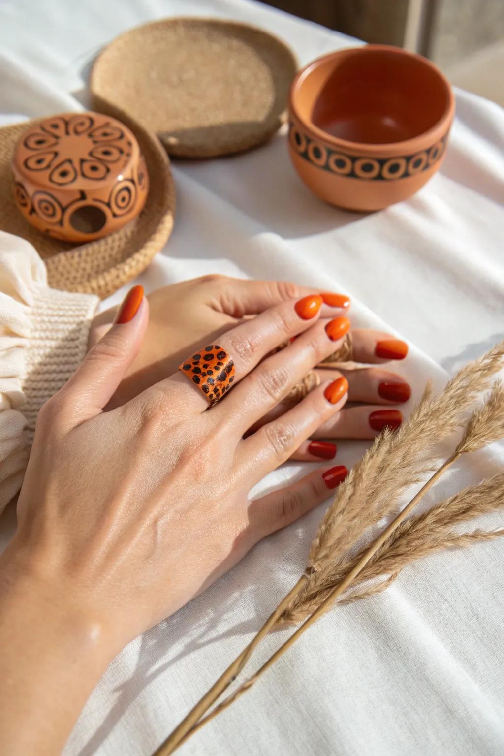 Unleash your wild side with daring <strong>leopard print</strong> nails.” loading=”lazy” class=”pimg”>
	</picture><figcaption>Unleash your wild side with daring <strong>leopard print</strong> nails.</figcaption></figure>
<p>If you’re feeling adventurous, try adding a <strong>leopard print</strong> over your orange nails. This look is perfect for those who love to stand out and embrace their wild side.</p>
<h3>Give these a look:</h3>
<ul class=