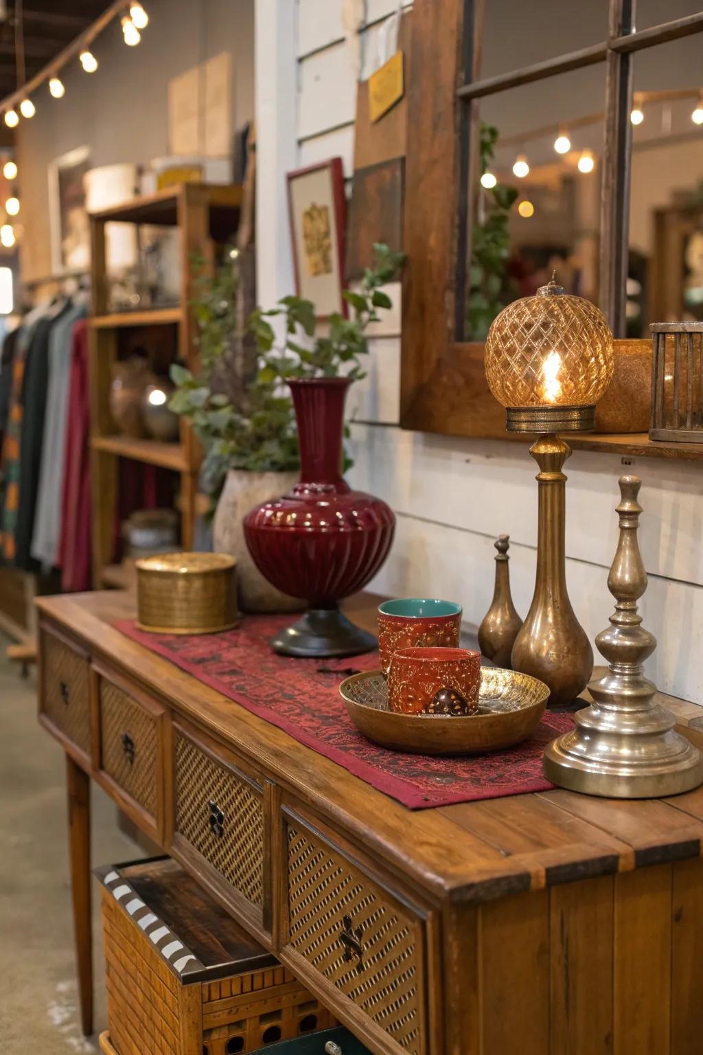 Layer textures for a visually rich space using thrifted wood, metal, and glass elements.