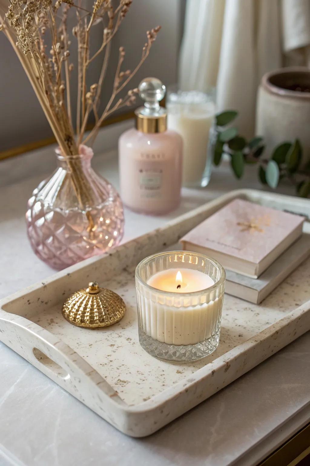 Timeless elegance: A ceramic tray brings classic charm to any bathroom setting.