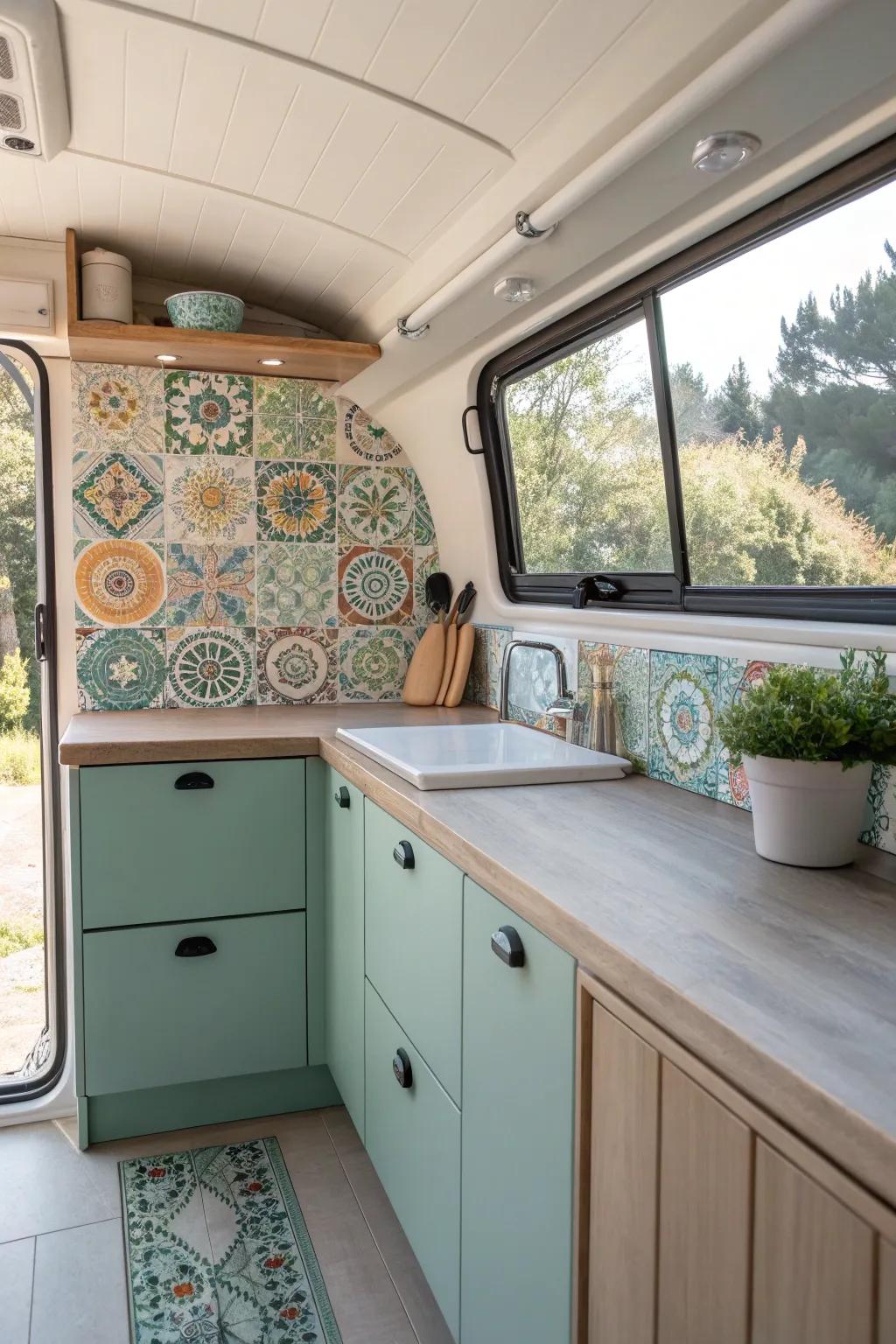 Add character to your van kitchen with a unique backsplash design.