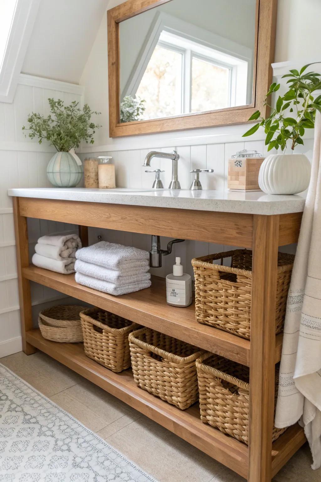 Make the most of under-the-vanity space with smart shelving solutions. #SmartStorage #BathroomHacks