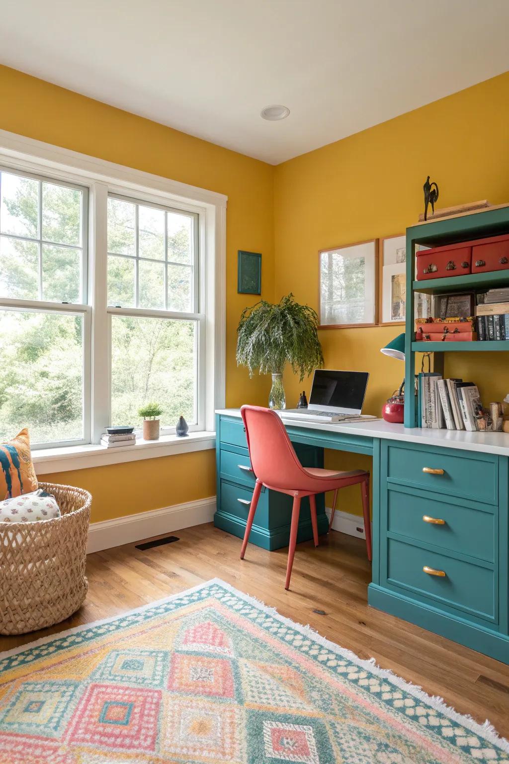 Let the sun shine in! 🌞 Natural light enhances the warmth of yellow walls. #YellowOffice #NaturalLight #InteriorDesign