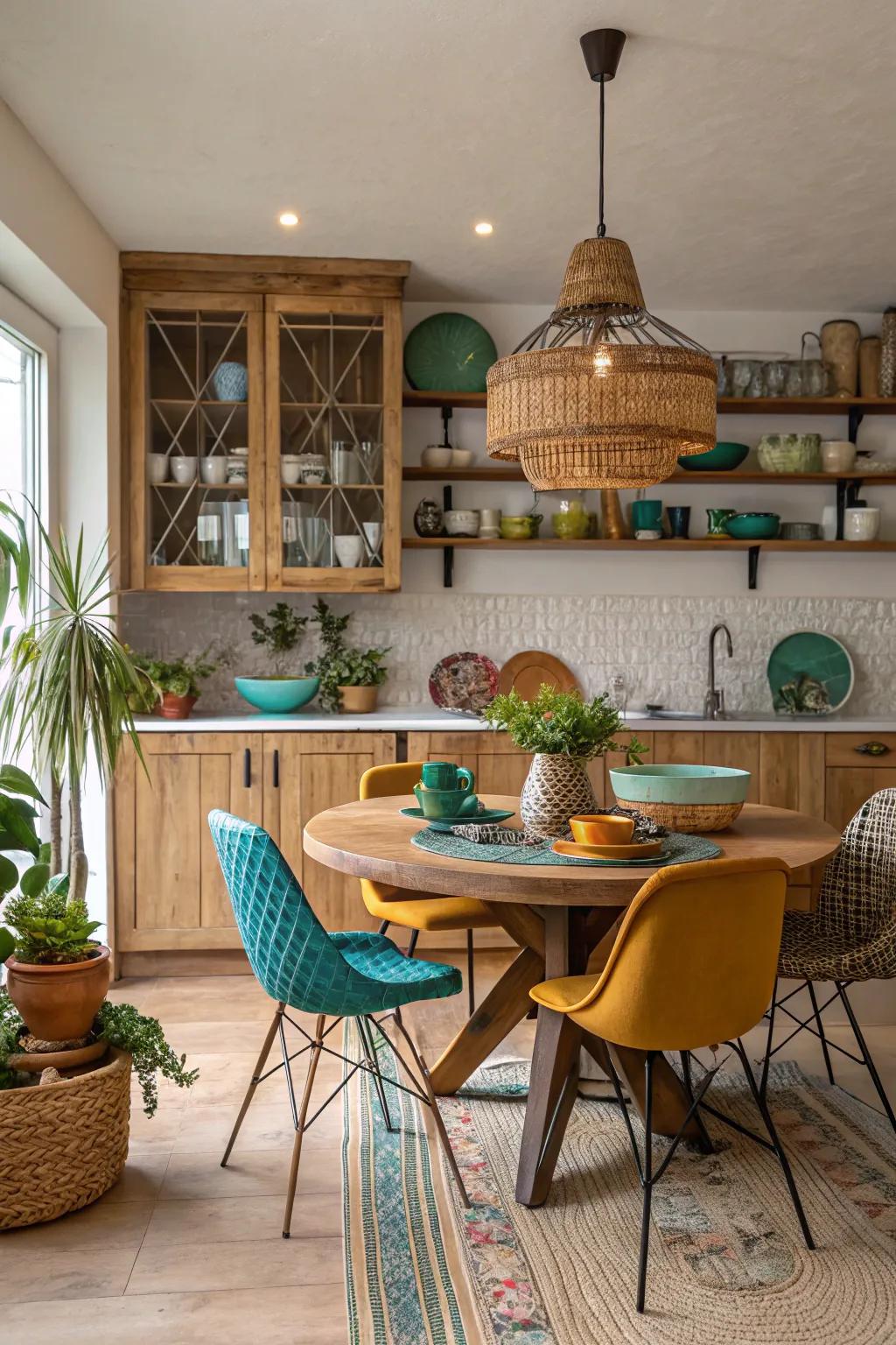 Celebrate individuality with mismatched furniture that creates a uniquely bohemian kitchen. #UniqueDecor #InteriorStyle