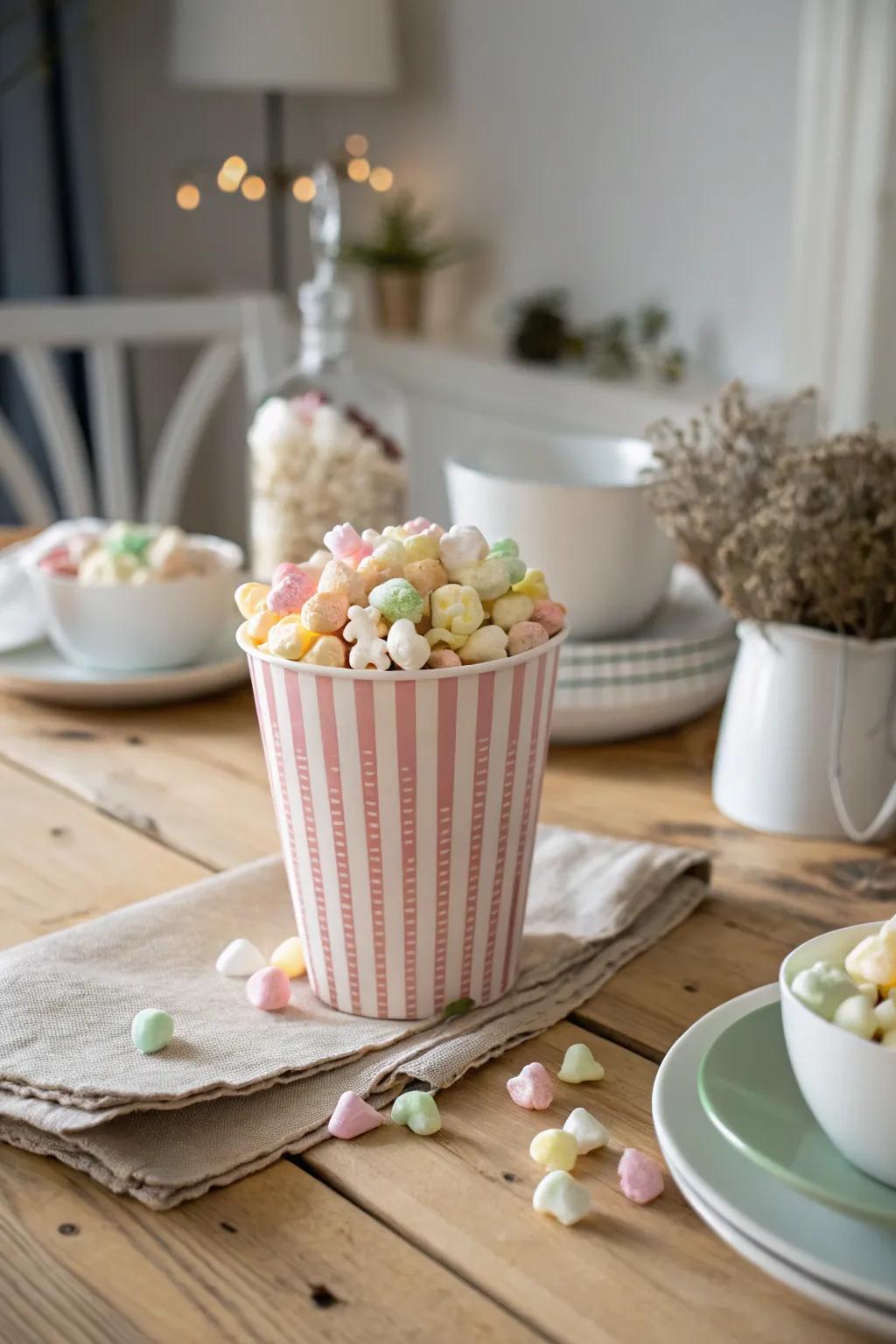 A popcorn bucket filled with candies makes for a whimsical centerpiece. 🎉🍬 #PartyDecor #UniqueDesign
