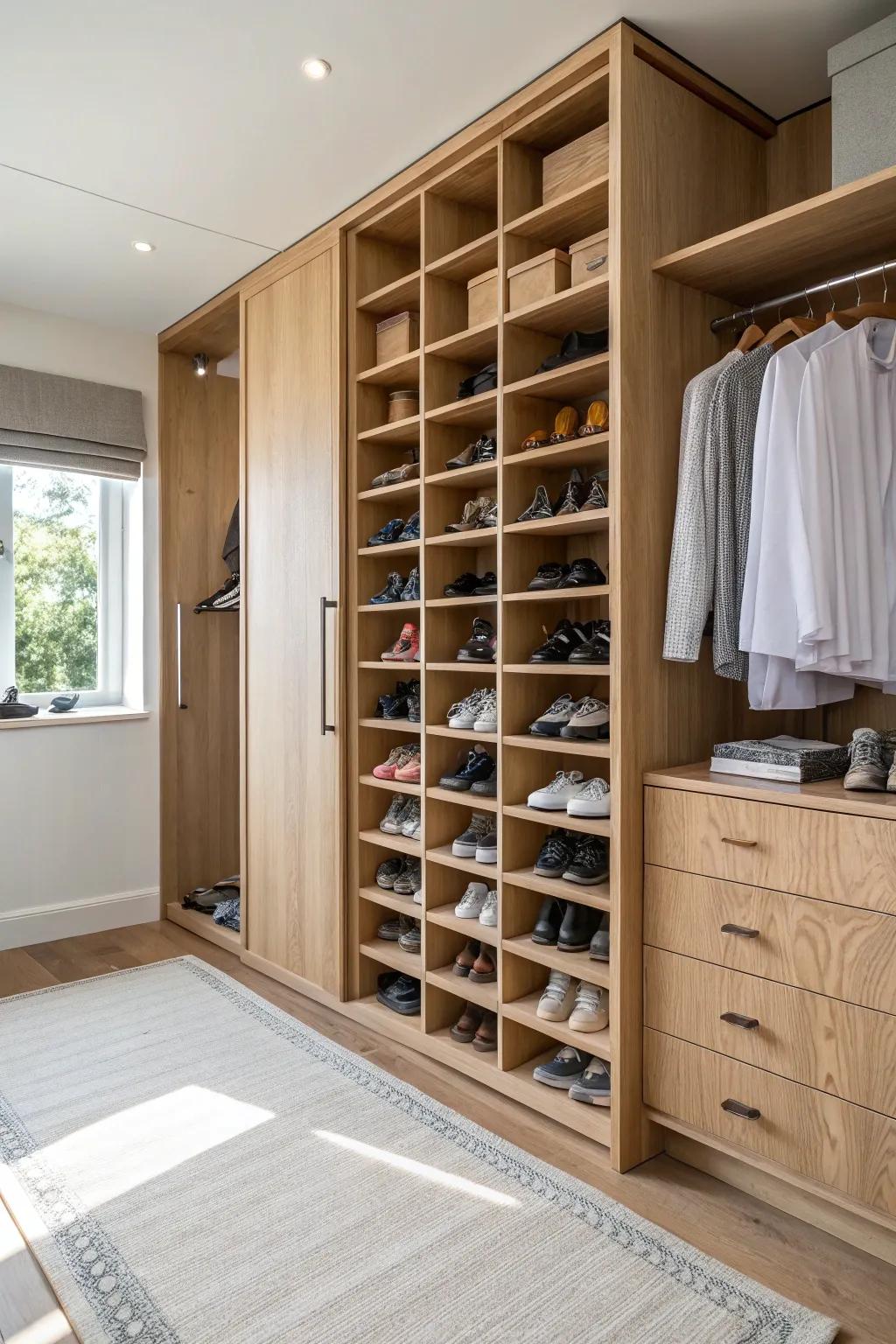 Step up your shoe game with dedicated storage that showcases every pair. #ShoeLovers #ClosetInspo #NeatSpaces