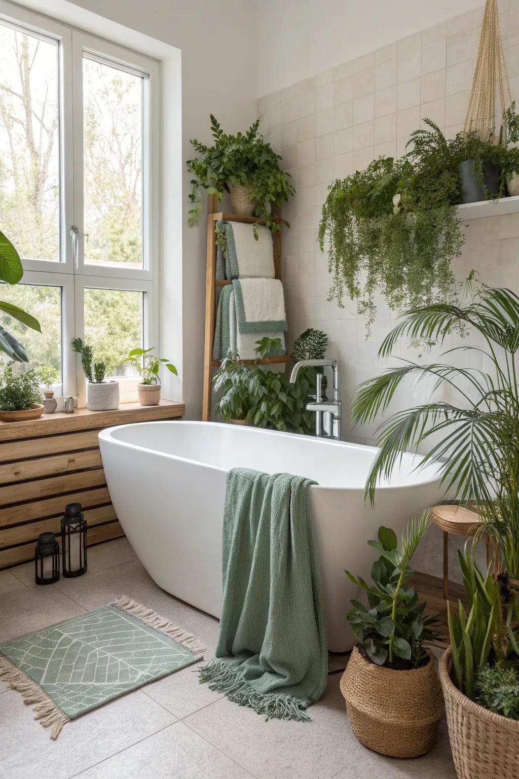 Create a green oasis in your bathroom with a corner freestanding tub surrounded by vibrant plants.