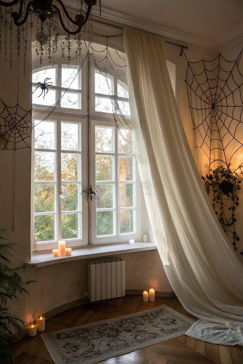 Transform your windows with creepy cloth and webs for an authentic haunted house look.