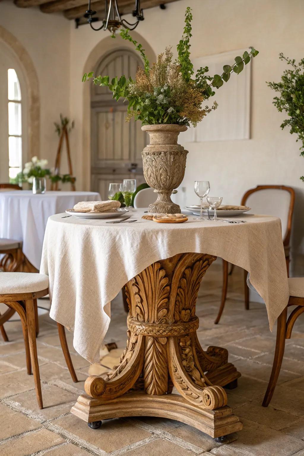 Intricate carvings add a sophisticated touch, perfect for elevating traditional dining spaces.