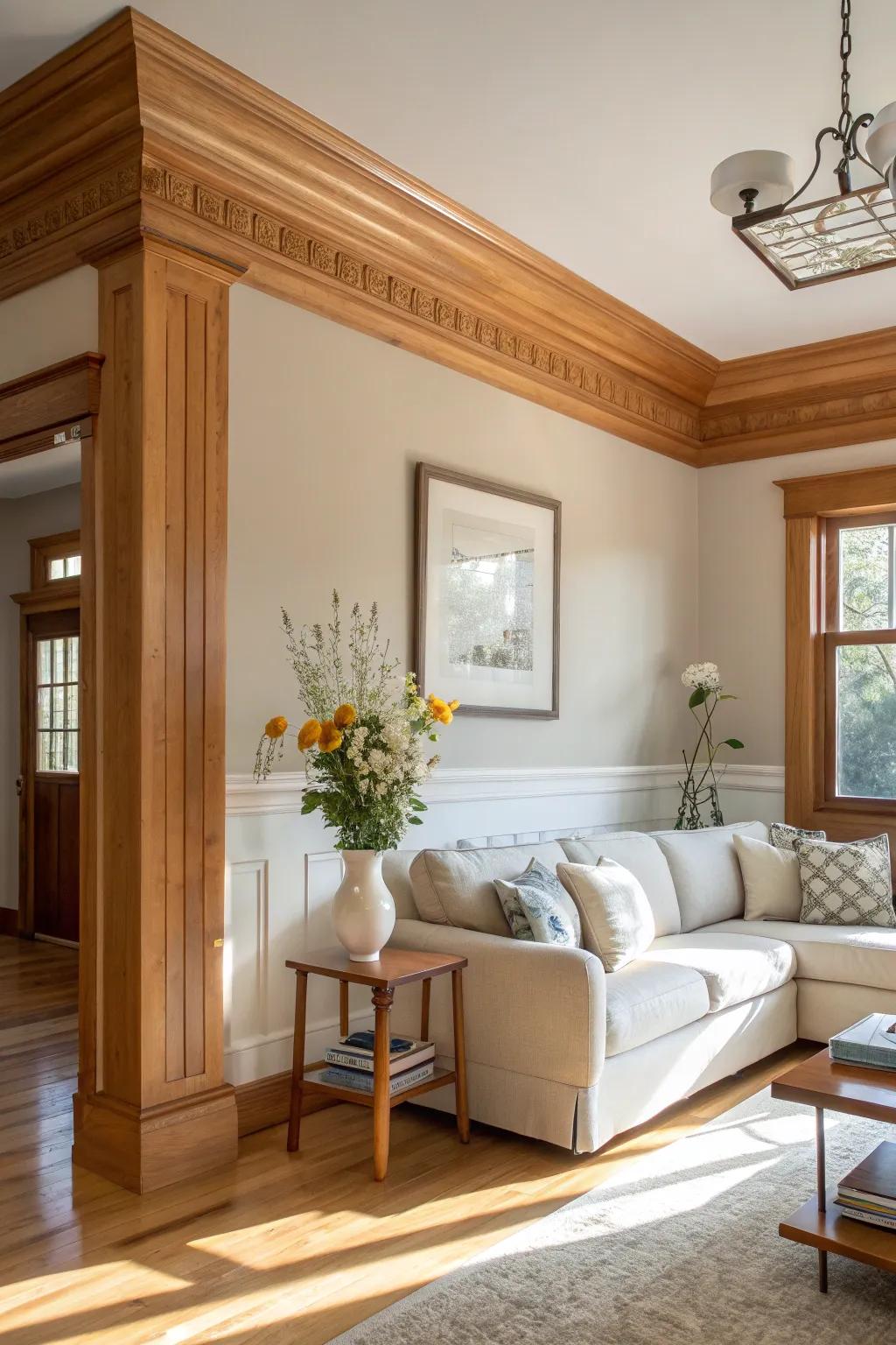Wooden crown molding adds a natural, inviting warmth to farmhouse interiors. 🌳 #NaturalBeauty #WoodAccents