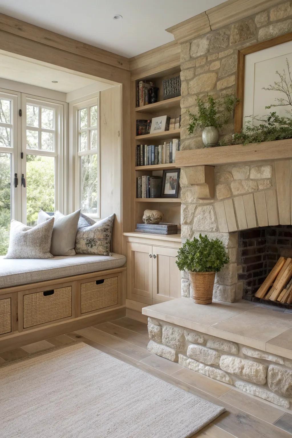 Hearth seating with built-in storage combines style and practicality. 📦 #SmartStorage #OrganizedHome