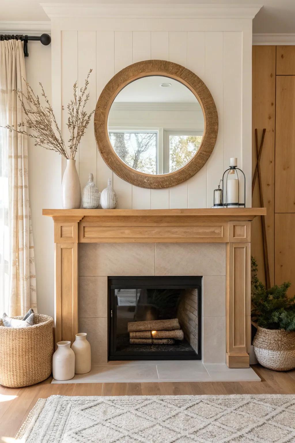 Introduce softness with a round mirror that complements your cozy fireplace setting.