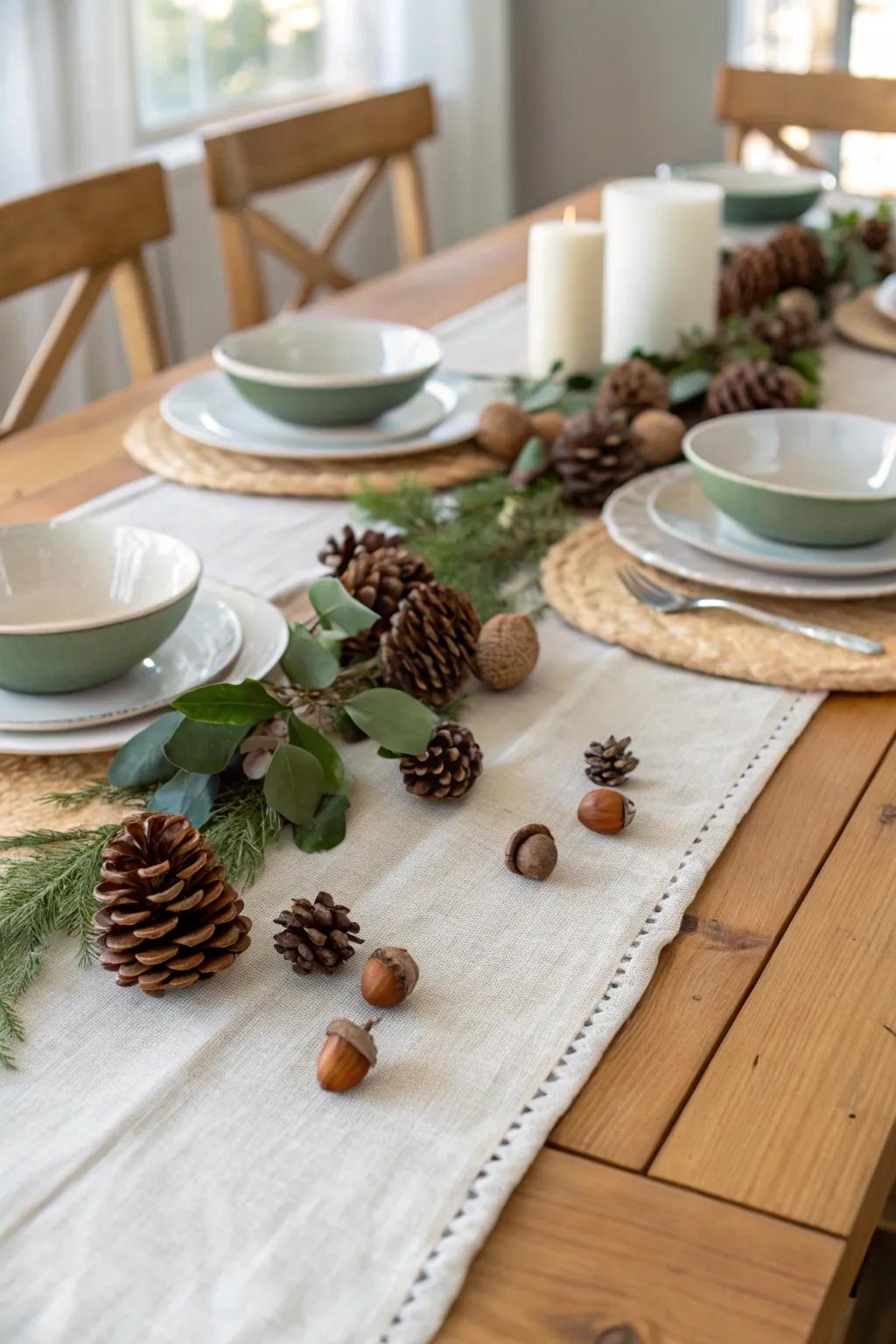 Natural elements like pinecones and acorns add a touch of rustic charm to your Friendsgiving decor.