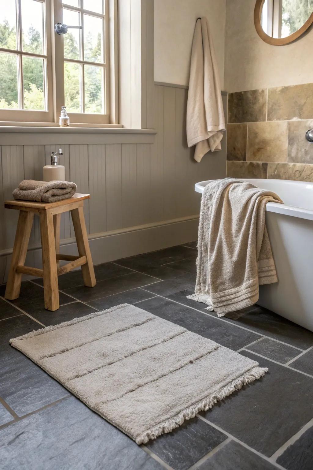 Embrace seaside vibes with charcoal floors and sandy beige walls. 🌊 #SeasideRetreat #BathroomDesign
