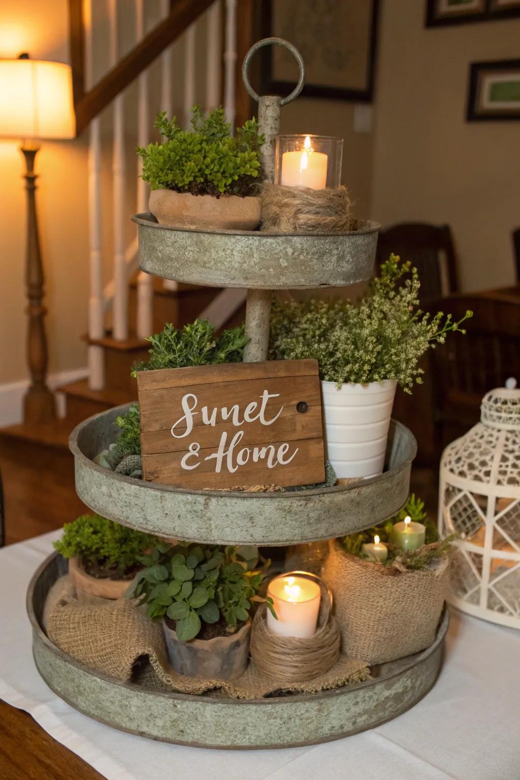 Create a warm, rustic retreat with farmhouse-inspired decor on your tiered tray.