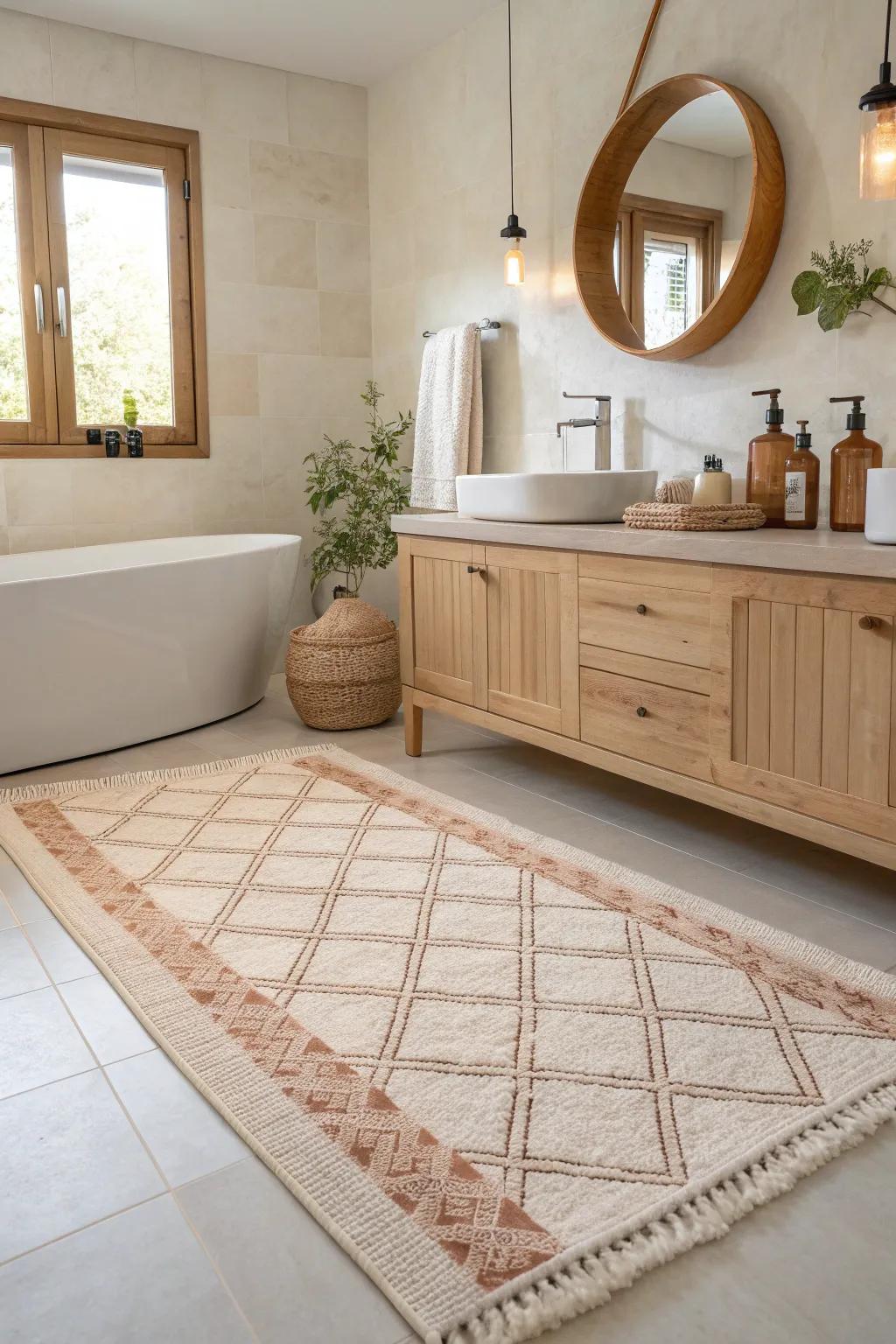 Add dimension to your bathroom with a textured rug that captivates the eye. #LayeredDesign #InteriorInspo
