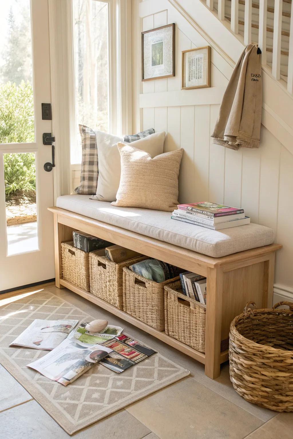 Make the most of your space with under-bench storage that keeps magazines neatly tucked away. 🌿 #EntrywayDesign #SmartStorage #InteriorDecor
