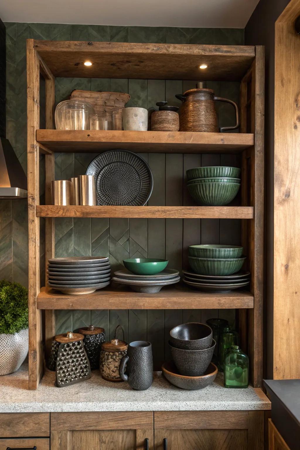 Display your style with open shelving that adds both function and flair to your kitchen. #OpenShelving #KitchenInspo #HomeDecor
