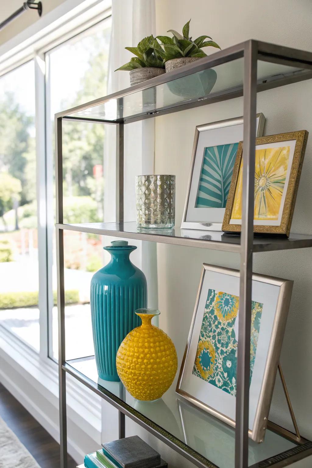 Minimalist art on shelves adds a touch of personality and sophistication.