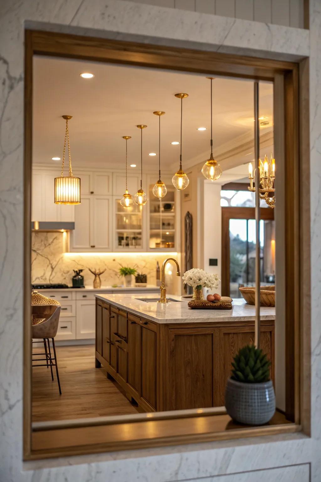 Illuminate your pass through with elegant lighting for a warm and inviting atmosphere.