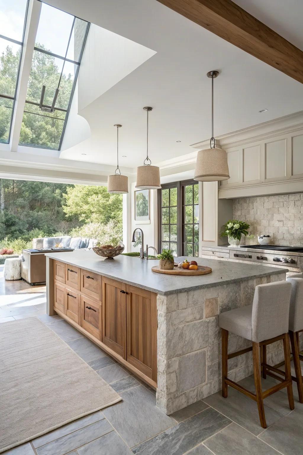 Mixing materials adds depth and intrigue to your kitchen island, perfect for a unique and stylish look. 😊 #InteriorDesign #KitchenStyle