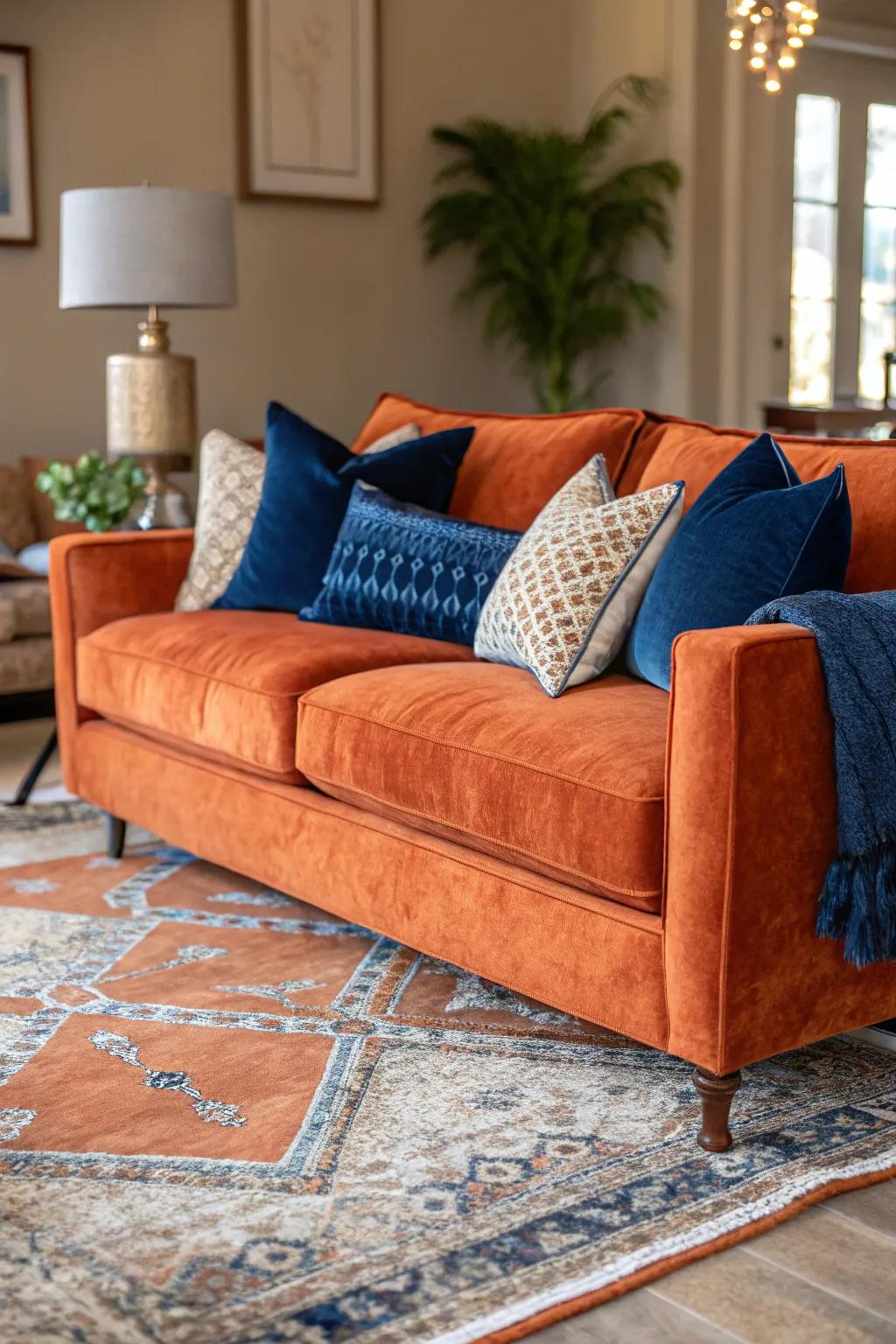 Mix and match textures in orange and blue for a living room that's both luxurious and inviting.