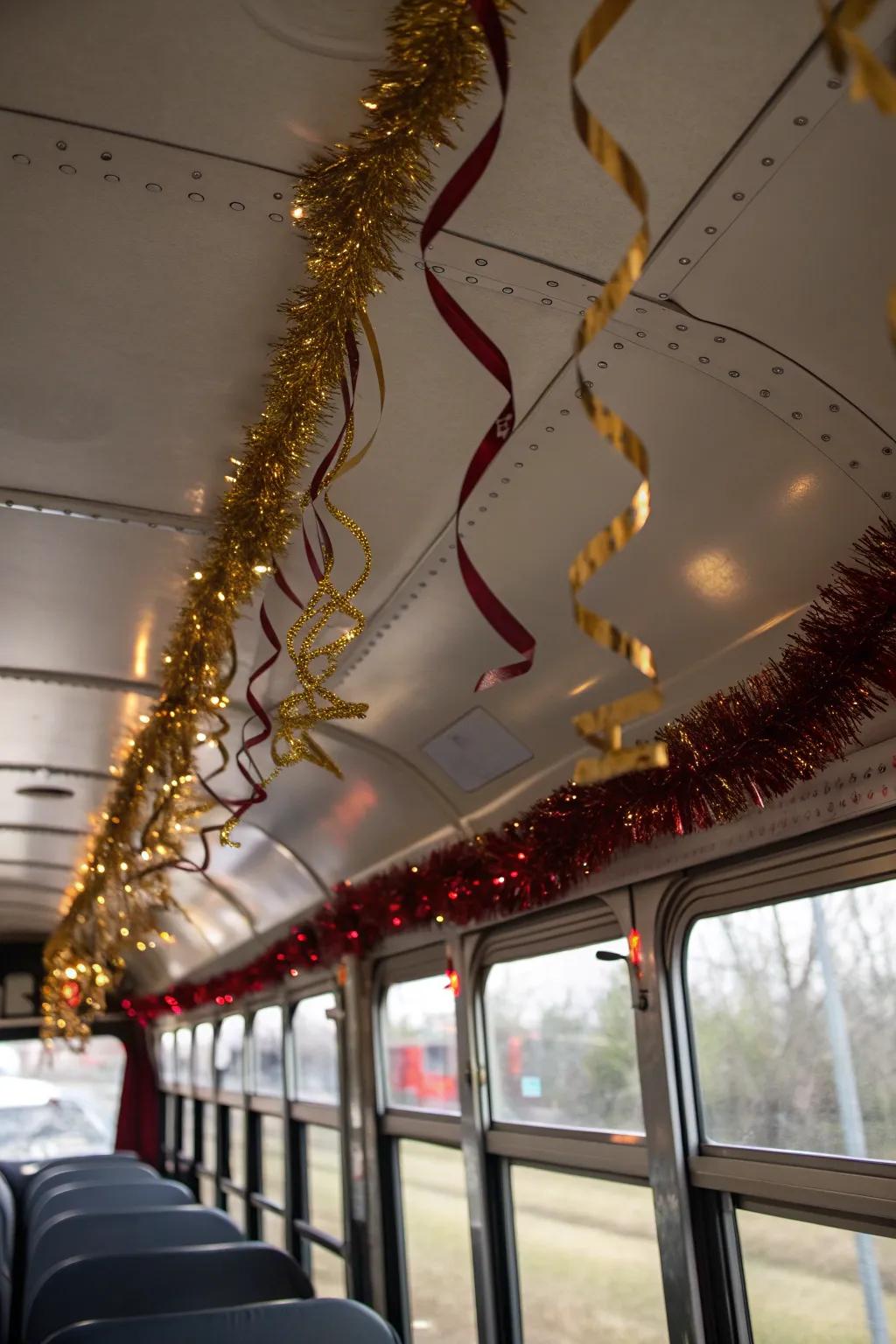 Spark joy with festive streamers that dance with every ride! #FestiveFun #BusDecor