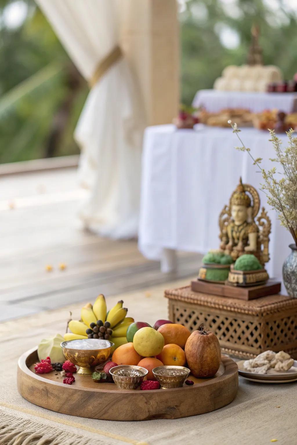 A beautifully arranged fruit and sweet display adds an inviting touch, symbolizing prosperity. 🍎 #FruitDisplay #PoojaDecor